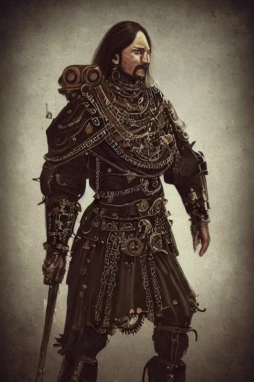 Image similar to beautiful calm bright ai generated fullbody character illustration of a very old timetraveller highpriest in ornated wooden armor and decorated sacred outfit and heavily equipped with steampunk cyberwares. rendered by machine.delusions. inspired by: @machine.delusions on instagram. Slightly reminds to boris valejho style. Fullbody portrait uncut centered cinematic, dramatic pose medieval combined with steampunk