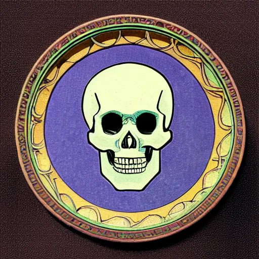 Prompt: skull in the center of a decorative art nouveau round frame, in the style of Mucha,