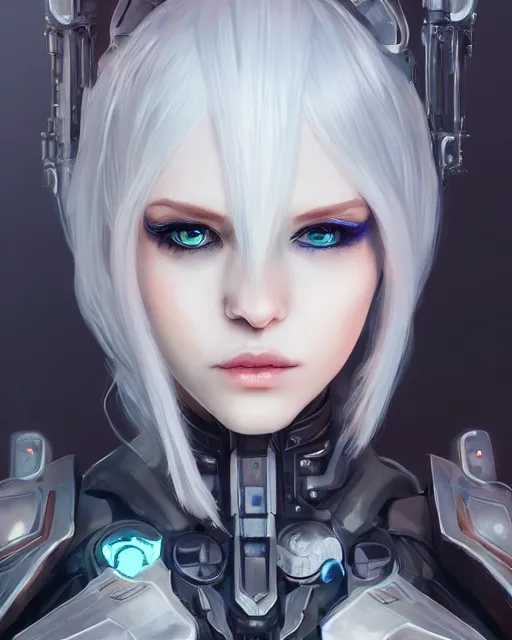 Image similar to holy cyborg necromancer girl, elegant, perfect face, scifi, futuristic, utopia, garden, illustration, atmosphere, warframe, blue eyes, white hair, focused, artstation, nier automata, highly detailed, art by yuhong ding and chengwei pan and serafleur and ina wong