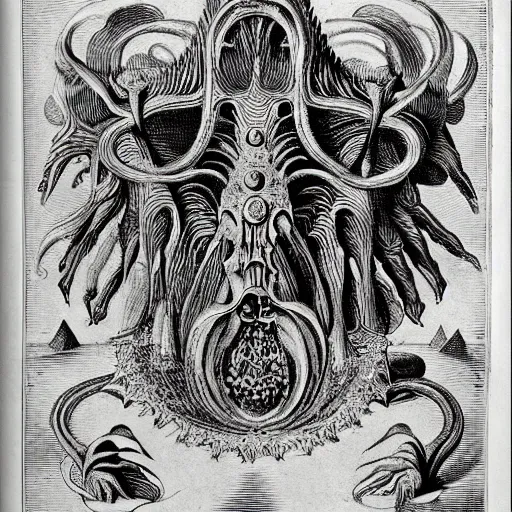 Image similar to surreal bestiary of repressed unconscious emotional monsters and creatures, illustrated by Ernst Haeckel and Robert Fludd