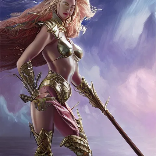 Prompt: fantasy woman with armor emerging from the sea holding a staff made with mother-of-pearl, by Artgerm, medium shot
