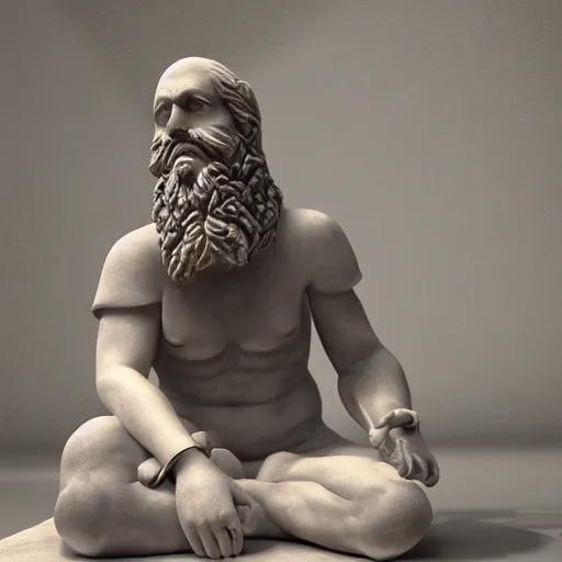 Image similar to a marble statue depicting a bearded wild man playing a modular synthesizer, 8 k, unreal engine,