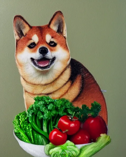 Prompt: shiba made of vegetables, oil painting, portrait