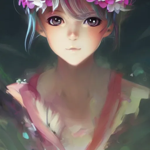 Image similar to portrait of anime pixie character with flower crown hair, manga cover, highly detailed, digital painting, artstation, concept art, sharp focus, illustration, strong brush stroke, anime, art by greg rutkowski, ilya kuvshinov, sharp focus, ghibli studio, art by ilya kuvshinov, rossdraws