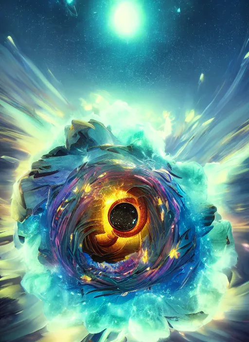 Prompt: An epic fantastic realism comic book style painting of the most beautiful spiraling entwined flowers launched exquisitely across the dark spinning universe, flares of nearby stars, fisheye lens, unreal 5, DAZ, hyperrealistic, octane render, dynamic lighting