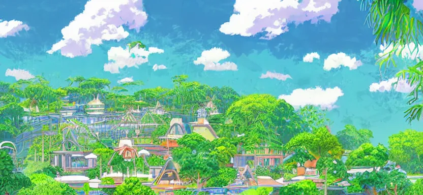 Prompt: utopian city in perfect harmony with nature, clean energy and food abundance, beautifully landscaped and tropical a digital illustration by studio ghibli