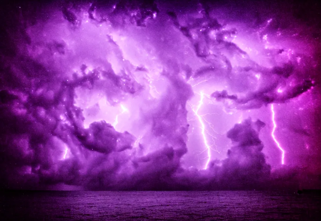 Image similar to purple color lighting storm with stormy sea, pirate ship firing its cannons trippy nebula sky with dramatic clouds 50mm shot fear and loathing movie