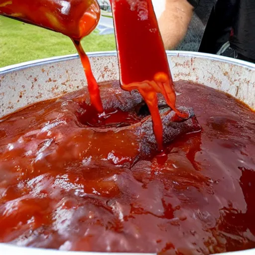 Prompt: john candy floating in pool of bbq sauce, holding up drink of bbq sauce, beckoning camera, drink rested on belly, bbq sauce heaven