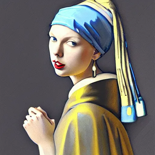 Image similar to Taylor Swift as the girl with the pearl earring, highly detailed, digital painting, artstation, concept art, smooth, sharp focus, illustration, ArtStation, art by artgerm and greg rutkowski and alphonse mucha and J. C. Leyendecker and Edmund Blair Leighton and Katsuhiro Otomo and Geof Darrow and Phil hale and Ashley wood and Ilya repin and Charlie Bowater