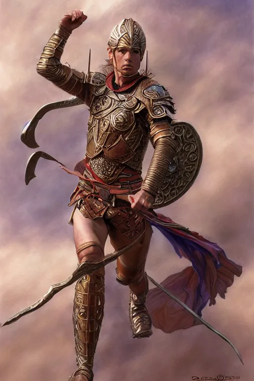 Image similar to full - body portrait of a running warrior, male, breastplate, magical, high fantasy, d & d, by donato giancola, face details, extremely detailed, digital illustration