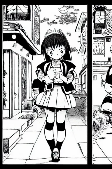 Image similar to adult girl short hair is walking to school, black and white artwork in manga style, made by toriyama akira, intricate, comic page