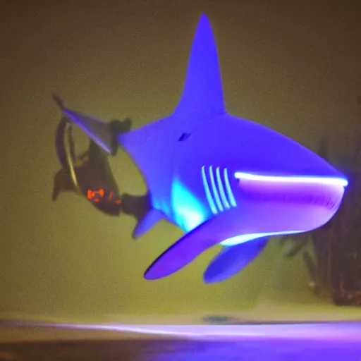 Image similar to action photo of robot shark emitting an neon light from its eyes, from nature journal, 1 / 1 0 0 0 sec shutter, action photo