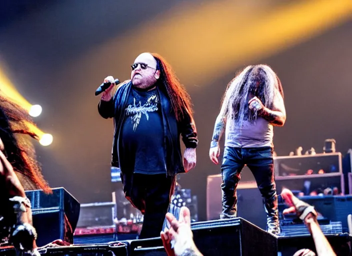 Image similar to publicity photo still of danny devito touring with korn live on stage, 8 k, live concert lighting, mid shot