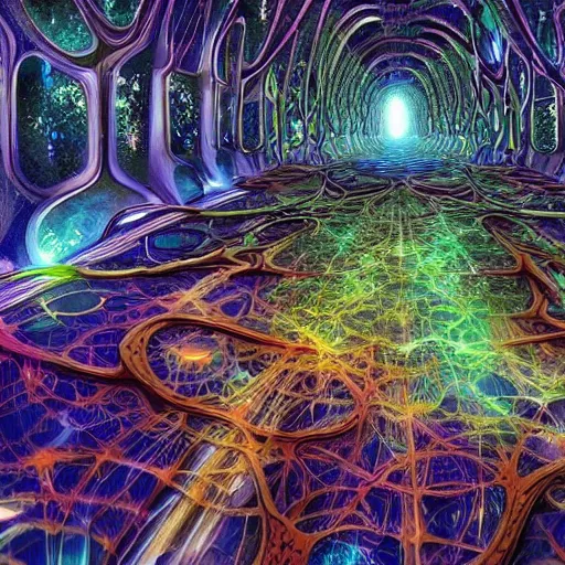 Image similar to the incredible trippy interwoven sorry apophasis matrix universe nature beautiful sunshine beautiful forest of cybernetic networking realistic apophasis nuclear time stoppages reality shift warp by greg rutowski and james gurney artstation