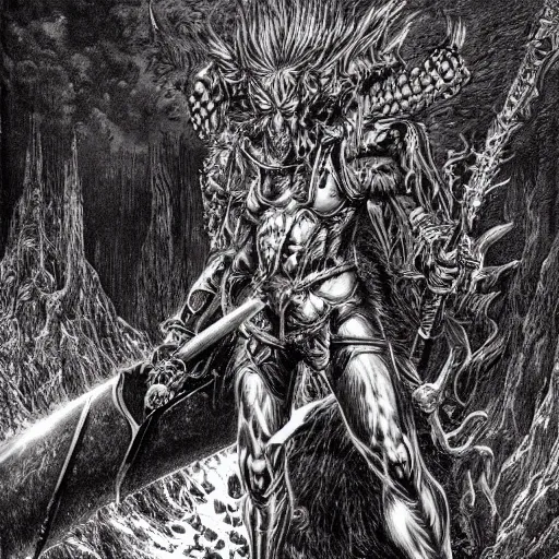 Prompt: arnold swarchenegger with giant sword fights ugly demon, intricate detailed dark fantasy art by kentaro miura, gustave dore, jean giraud, philippe druillet