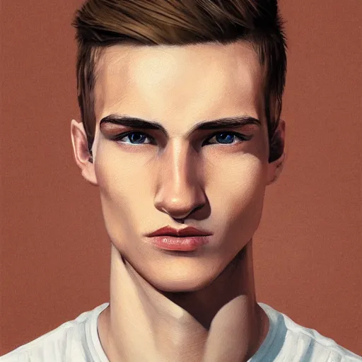 Image similar to man in his twenties with brown blond short quiff hair and thin slightly round facial structure with cleft chin, straight eyebrows and prominent nose, good definition of cheekbones, big hazel nut brown eyes, narrow face, slim body, atmospheric lighting, painted, intricate, 4k, highly detailed by Charlie Bowater