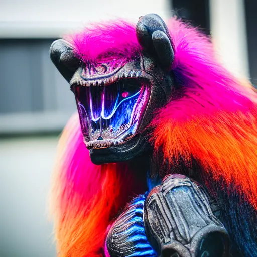 Image similar to photo of a dramatically lit brightly colored detailed alien with thick long wavy fur staring into your soul sigma 5 0 mm f / 1. 4