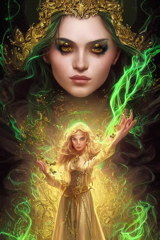 Image similar to a portrait of a beautiful attractive young girl sorceress wearing a black robe with gold embroidery, casting a spell, green glows, painted by artgerm and tom bagshaw, in the style of magic the gathering, highly detailed digital art