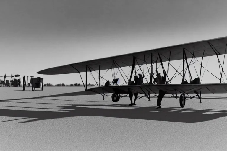 Image similar to still photo of the wright brothers taking off an airplane for the first time, black and white color photograph, highly detailed, photorealistic shot, bright studio setting, studio lighting, crisp quality and light reflections, unreal engine 5 quality render