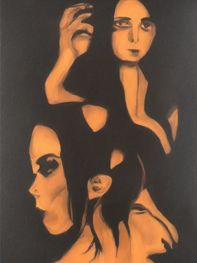 Image similar to portrait profile of one mysterious dark beautiful women in 1 9 7 8, femme fatale, oil painting by rene gruau