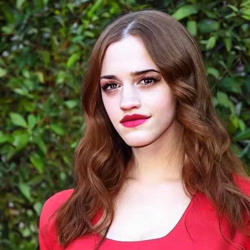 Image similar to a woman who is a genetic combination of kat dennings and emma watson face and upper - body focus