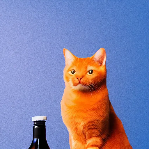 Prompt: a cat standing next to a bottle of medicine. the cat was orange in color and having fluffy fur. animal. digital art. pixabay. shutterstock. render.