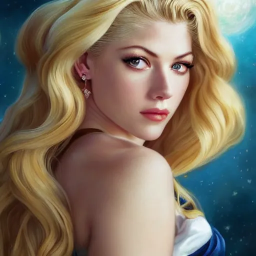 Image similar to A combination of Katheryn Winnick's and Grace Kelly's and Katherine McNamara's faces with blonde hair as Sailor Moon, western, D&D, fantasy, intricate, elegant, highly detailed, digital painting, artstation, concept art, matte, sharp focus, illustration, art by Artgerm and Greg Rutkowski and Alphonse Mucha