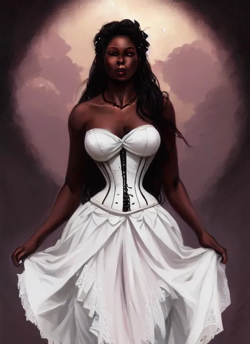 Prompt: cute black woman wearing a white corset dress, fantasy, intricate, highly detailed, digital painting, artstation, concept art, wallpaper, smooth, sharp focus, illustration, art by artgerm and greg rutkowski and alphonse mucha