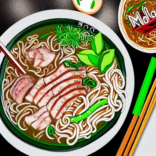 Image similar to flatlay realistic photo of delicious pho, ramen, aesthetic table cloth, highly detailed, by marc haydon, kailee mandel, masterpiece, 8 k hd, award winning, artstation,