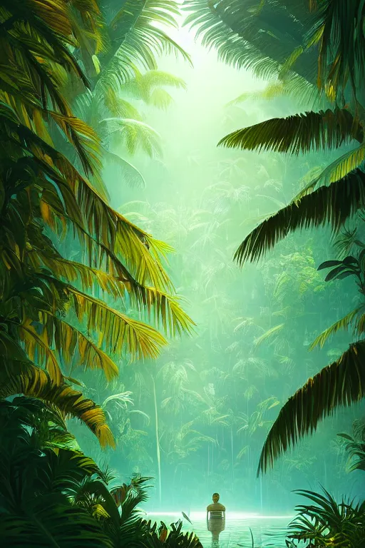 Image similar to a tropical forest near the mangrove of florida everglades, tone mapped, shiny, intricate, cinematic lighting, highly detailed, digital painting, artstation, concept art, smooth, sharp focus, illustration, malika favre