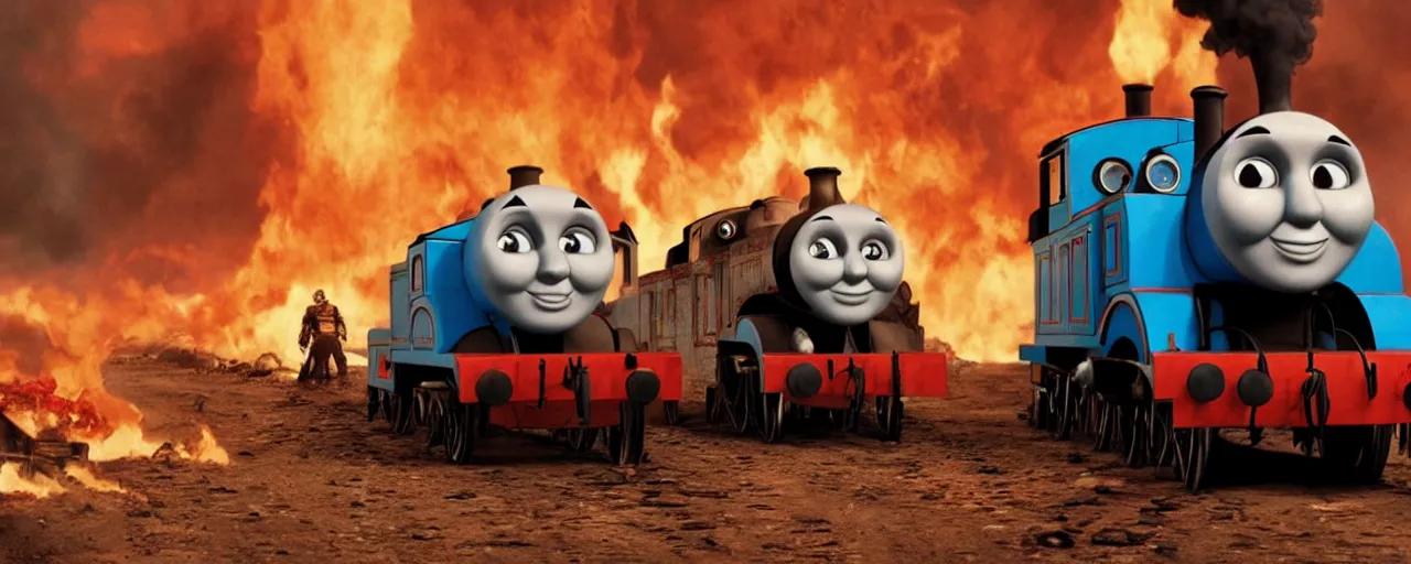 Image similar to Thomas the Tank Engine in the fiery Wasteland of MAD MAX: FURY ROAD