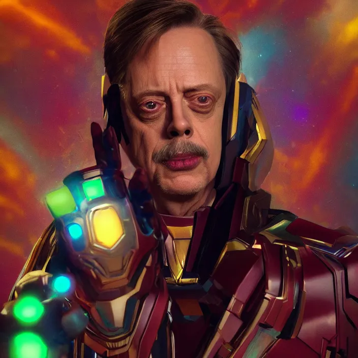 Image similar to portrait of Steve buscemi, wearing the infinity gauntlet. intricate artwork. octane render, trending on artstation, very coherent symmetrical artwork. Marvel. cinematic, high detail, octane render, 8k, iridescent accents