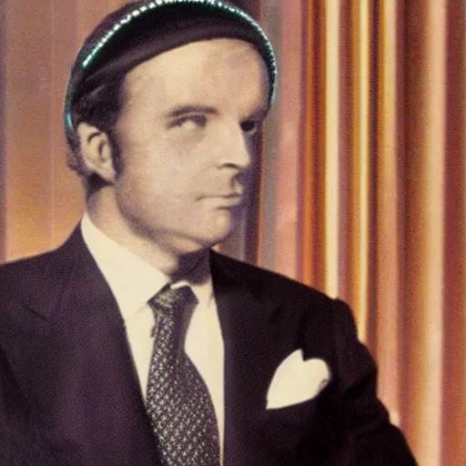 Image similar to full body man in suit with wearing a cathode ray tube TV on his head