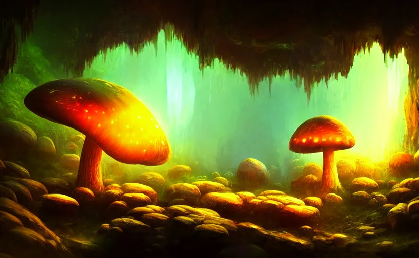 Image similar to a blurry ambient glowing mushroom in the distance of a giant cave, crystals, dynamic lighting, ambient lighting, atmospherical, photorealistic fantasy concept art, trending on art station, stunning visuals, creative, cinematic, ultra detailed