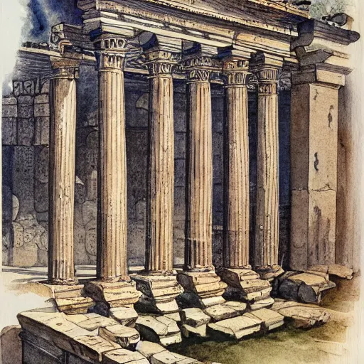 Image similar to detailed 1 9 th century architectural watercolor illustration of ornate hellenistic ruins