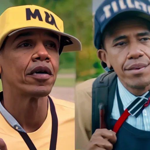 Prompt: obama wearing suspenders and a propeller cap, cap with a propeller on it, propeller hat, still from riverdale