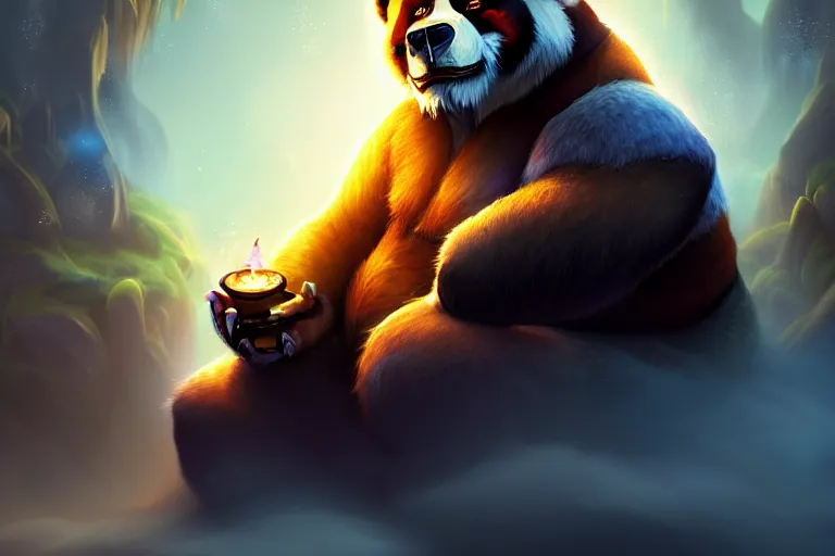 Image similar to [ important ] amazing portrait of a pandaren meditating [ / important ], hearthstone splash art, deiv calviz, splash art, natural light, elegant, intricate, fantasy, atmospheric lighting, by greg rutkowski, hearthstone splash art, hd wallpaper, ultra high details, cinematic composition