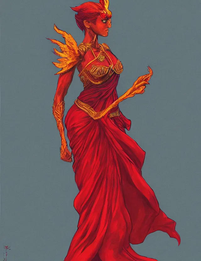 Prompt: half - human half - phoenix pyromancer in a red saree. gouache by award - winning concept artist, backlighting, chiaroscuro, intricate details