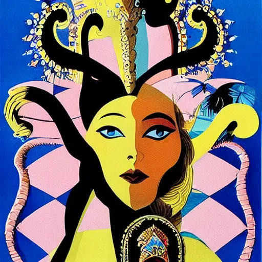 Prompt: a vintage poster of 70s movie titled Vulvine, about a queen and jewels and Death, by Saul bass, by Georgia o keeffe, vibrant