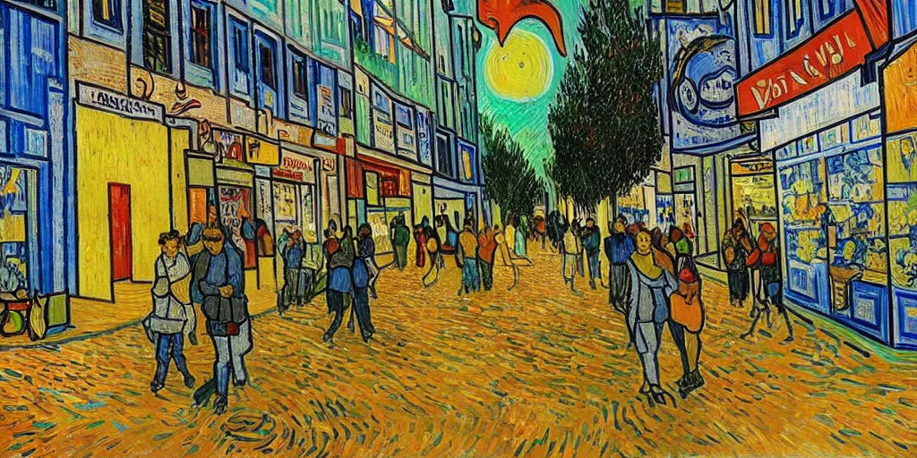 Prompt: tel aviv. dizengoff center. van gogh. drawing. colorful. fluffy