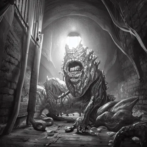 Image similar to creepy monster lurking in a dingy basement, highly detailed, epic lighting, hyper photorealism, low angle, trending on artstation 8 k