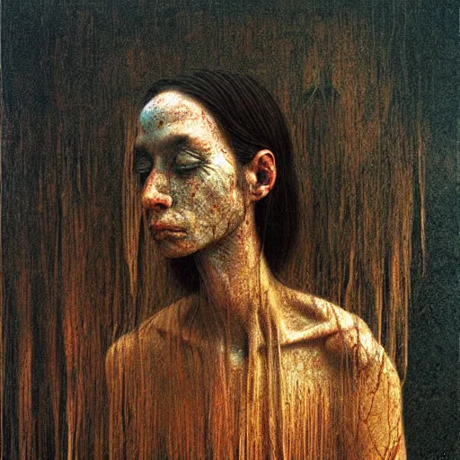 Prompt: portrait of 20000 years old girl, painting by Beksinski