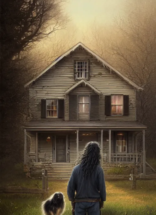 Image similar to highly detailed portrait of a blonde long - haired hillbilly in front of old style house, with his fluffy black and gray australian shepherd, stephen bliss, art by greg rutkowski, loish, rhads, ferdinand knab, makoto shinkai and lois van baarle, tom bagshaw, global illumination, artstation