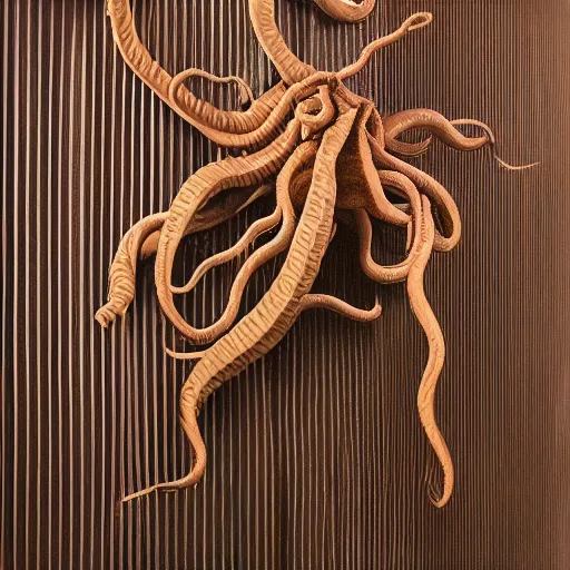 Image similar to tentacles made of brown corrugated cardboard, cut out of cardboard, realistic photography, fantasy