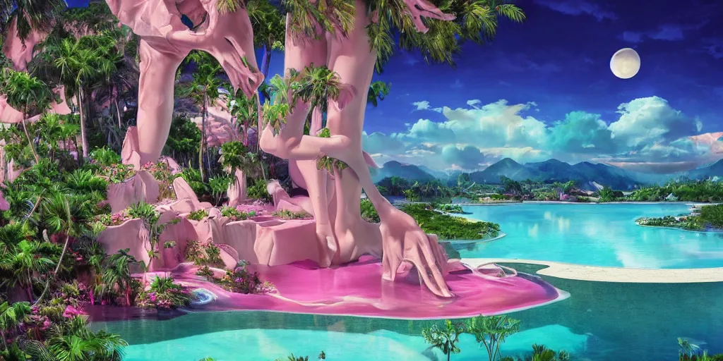 Prompt: artgem masterpiece, hyperrealistic surrealism, award winning masterpiece with incredible details, epic stunning, infinity pool, a surreal vaporwave liminal space, highly detailed, trending on ArtStation, calming, meditative, pink arches, flowing silk sheets, palm trees, very vaporwave, very very surreal, sharp details, dreamscape