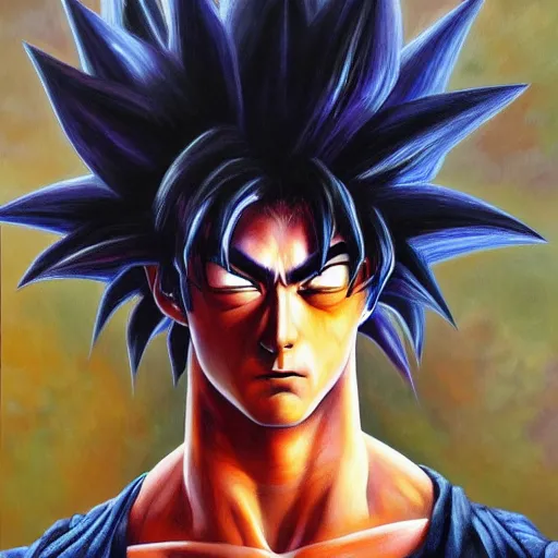 Image similar to detailed portrait of emo goku intricate, hyper detailed, realistic, oil painting, by julie bell, frank frazetta, cinematic lighting