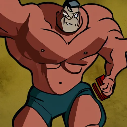 Image similar to cartoon muscular man, angry holding a oversized gun