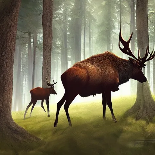 Prompt: 3 km gigantic elk walks over forests, fantasy concept art, digital art