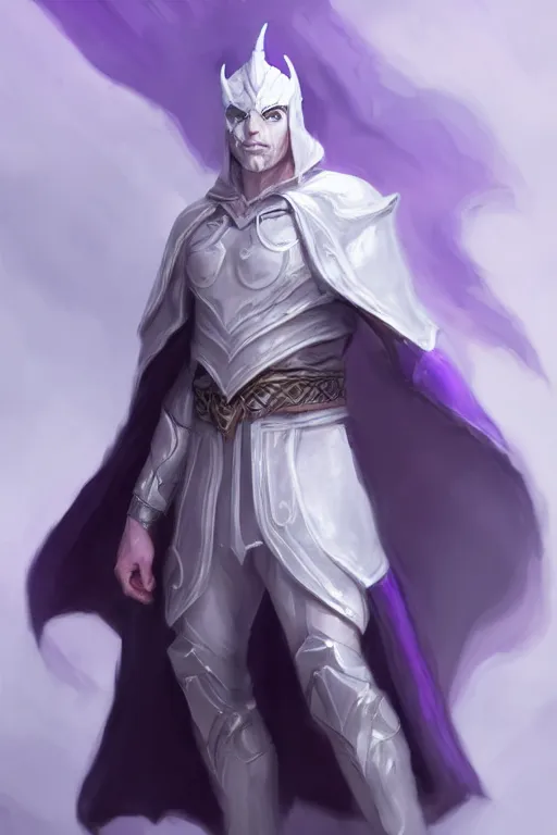 Prompt: human male , full body white purple cloak, hero, armor, character concept art, costume design, black eyes, white horns, trending on artstation, Artgerm , WLOP