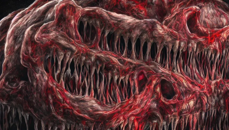 Prompt: a beautiful high - quality photo of an entity of infinite teeth walking through a liminal gory flesh world, devouring happiness and souls, body horror, void of flesh, cosmic horror, volumetric lighting, hyperrealistic, very detailed, 8 k